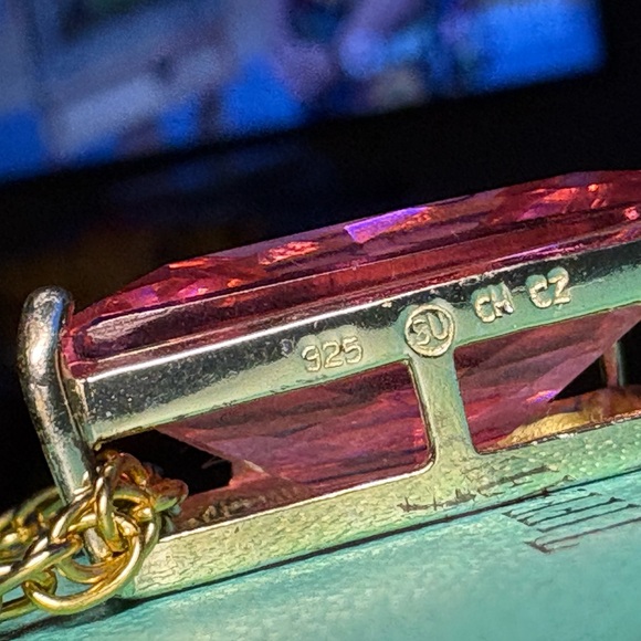 Massive Emerald Cut Pink Tourmaline Sapphire? Pendant 925 Gold Pl 24” GF Chain - Picture 5 of 10